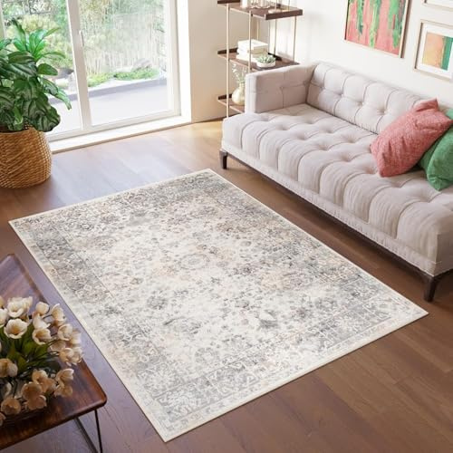 TAPISO Valley Teppich Kurzflor Vintage Hellgrau Blumen 140 x 200 cm | Orientalisch Used Effekt Meliert Verwischt Wohnzimmer Schlafzimmer OEKO-TEX