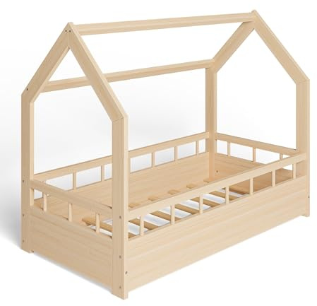 ms factory Hausbett Kinderbett 70x140 cm mit Rausfallschutz und Lattenrost - Einzelbett aus Kiefernholz für Mädchen und Junge - Natur (Farblos)