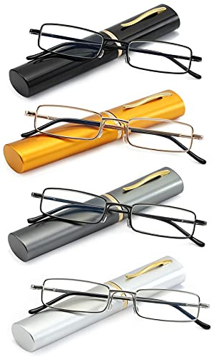 OWTXIS 4 Pack Slim Pen Reading Glasses for Men Women, Blue Light Blocking Small Tube Reader Glasses with Portable Clip Case, +2.50