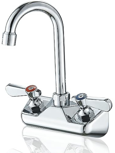 Bathfinesse Kitchen Sink Faucet Wall Mount 4 Center Commercial Kitchen Sink Faucet with 3-1/2 Gooseneck Spout Two Lever Handles Brass Constructed Mixer Tap Chrome Polished