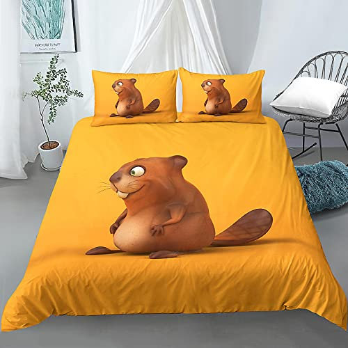 SJSXWQN Housse de Couette 140x200 cm Enfant Castor Jaune Parure de Lit 1 Personne avec Fermeture Éclair Doux Confortable Respirant Microfibre Housse de Couette et 2 Taie d'oreiller 65x65 cm