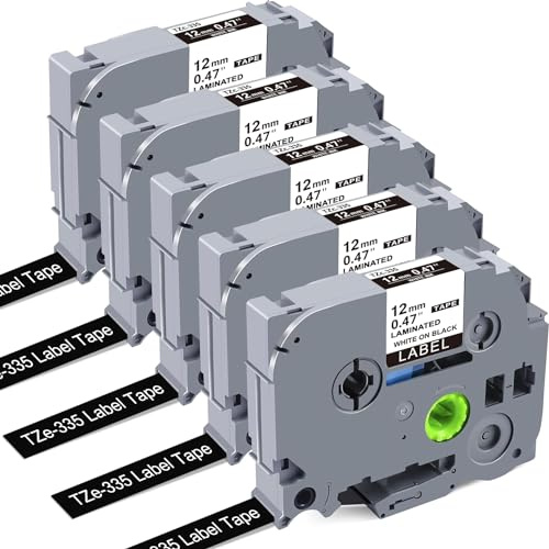 5× Kompatibel mit Brother P-touch Bänder TZe-335 Schwarz TZe TZ Tape 12 mm 0.47 P Touch Cassette für Brother Beschriftungsgerät Ptouch H105 E100 P300BT H107B H100R H110 D210 D400VP H200