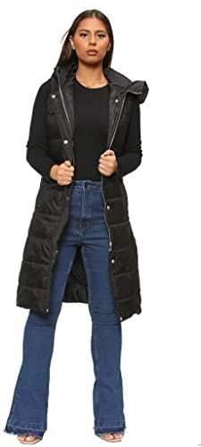 Parsa Fashions WOMENS LADIES LONG LINE HOODED PUFFER GILET JACKET COAT PADDED VEST TOP BODY WARMER Sizes Small to 3XL