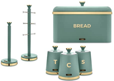 Tower Cavaletto Kitchen Storage Set of 6 with Bread Bin, Tea, Coffee & Sugar Canisters, Mug Tree & Towel Pole in Jade with Brushed Champagne Gold Accents