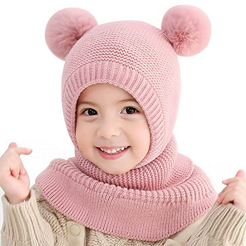 MAMUNU Kinder Wintermütze Mädchen, Warm Niedlich Schalmütze Strickmütze mit Bommel, Beanie Schlupfmütze mit Fleecefutter für Kinder Mädchen (Pink)