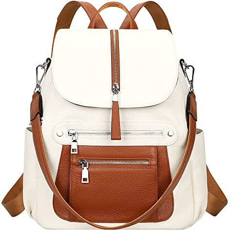 ALTOSY Echtleder Rucksack Damen Freizeit Daypack City Rucksäcke Elegant mit Viele Fächern (Beige/Braun)