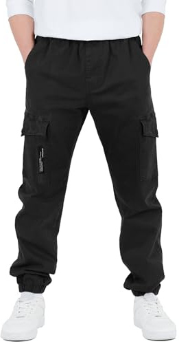 CAMLAKEE Boys Trousers Cargo Pants Kids School Jogging Bottoms Casual Streewear with Elastic Cuffs Black UK:8-9 Years (manufacturers's Size: 140)