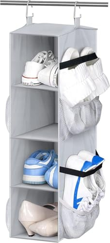 MISSLO 4 Shelf Short Hanging Shoe Storage for Wardrobe Organiser with Mesh Pockets Small Hanging Shoe Rack Organizer Hanger for RV, Camping, Motorhome, Grey