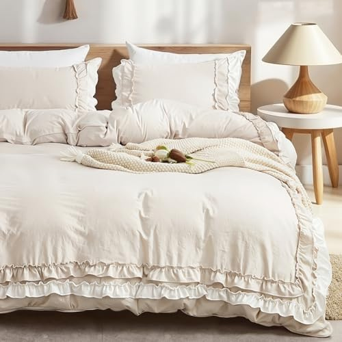 Sedefen Rüschen Bettwäsche 135x200cm Beige Weiß Doppellagige Rüschen Bettwäsche Set für Damen Mädchen Romantische Weich Mikrofaser ÖKO-TEX Bettbezug mit Reißverschluss und 1 Kissenbezug