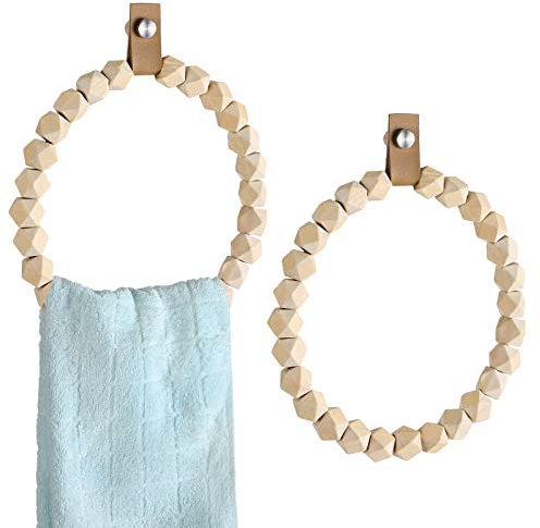 Sieral 2 Pcs Boho Towel Rack for Bathroom 7.5 in Handmade Wooden Bead Towel Ring Farmhouse Holder Wall Mounted Rustic Hanger Decorative Home Decor for Kitchen Toilet Wall
