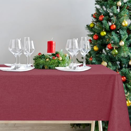 DWCN Rot Tischdecke Leinenoptik 135x200cm Abwaschbar Outdoor Wetterfest | Tischwäsche Wasserabweisend Fleckschutz Weihnachten Tischtuch Esszimmer Garten Party Hochzeiten Geburtstagsfeier Ganzjährig