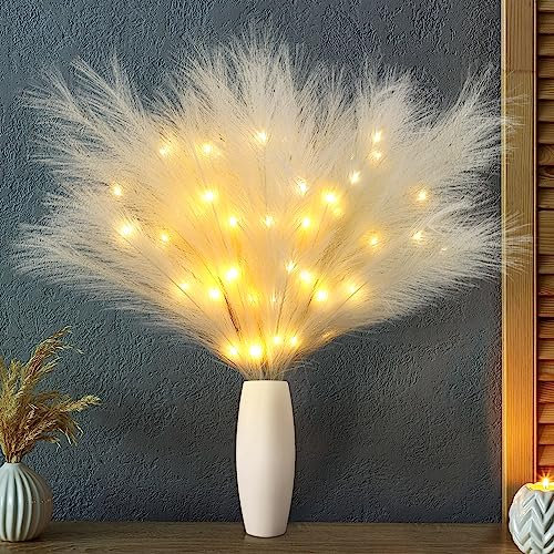 Joomer Leuchtende Pampasgras Groß, 70cm 3 Stück Pampasgras Künstliches Blumen Strauß, 36 LED Lichterkette Batteriebetrieben Boho Home Deko für Hochzeit Wohnzimmer Schlafzimmer Tisch(Beige)