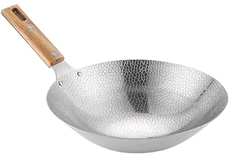 BESTonZON Wok chino de acero inoxidable sartén profunda wok sartén con mango de madera olla caliente de metal Shabu olla caliente tradicional binaural wok japonés utensilios de cocina 22 cm