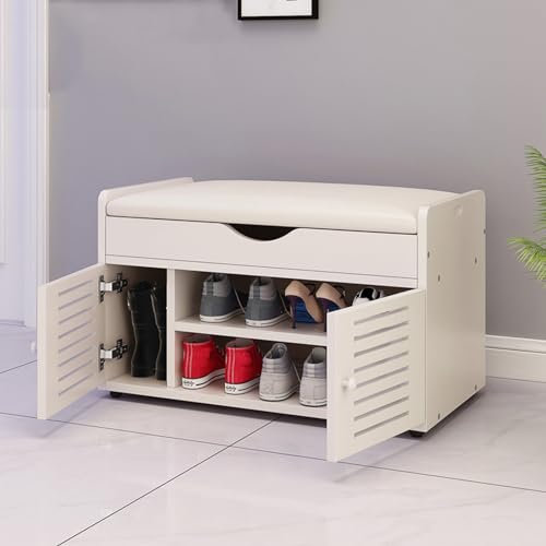 TRUNXUCL Schuhbank mit Tür, Schuh Organizer aus Massivem Holz mit Gepolstertem Kissen, Kleiner Schuh Organizer mit Verstellbaren Regalen (Color : Wit, Size : 80cm/31.5in)