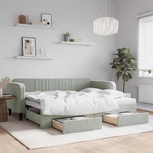 Homgoday Tagesbett Ausziehbar mit Schubladen Sofabett Ausziehbett Schlafsofa Schlafcouch Tagesbett mit Lattenrost Jugendbett Gästebett für Schlafzimmer Wohnzimmer Hellgrau 90x200 cm Samt