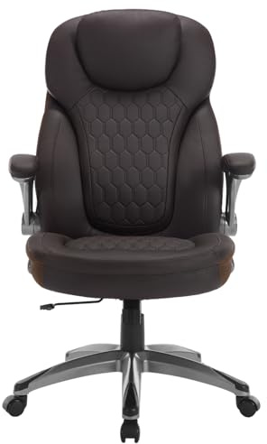 WOLTU Ergonomisk kontorsstol, styrstol med gung- och vändbar armrestfunktion, lämplig för kontor och mötesrum, läderläsning, brun