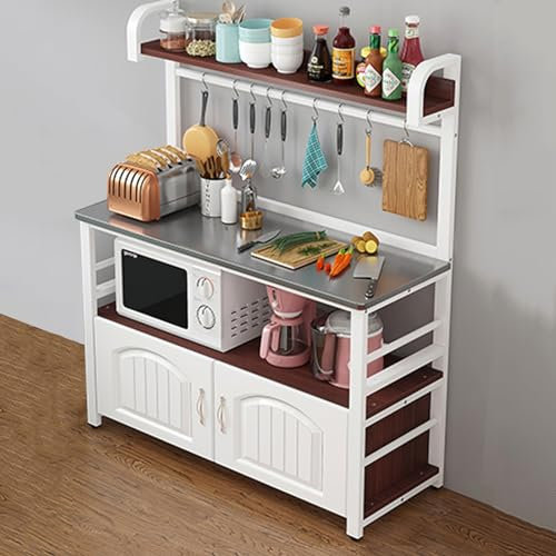 CMYAOYC Küchenschrank, Küchenregal mit Arbeitsplatte, Geräumiger Vorbereitungstisch mit Erweiterter Theke mit Haken, Verschiedene Größen und Farben Erhältlich (Color : White Frame+Teak, Size : L 138