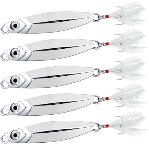 Alwonder 5pcs Sea Fishing Lure Vertical Jigging Spoons 7-40g for Mackerel Cod Bass Pike Sea Fishing Tackle with Treble Hooks Long Casting Spinners Metal Jigs