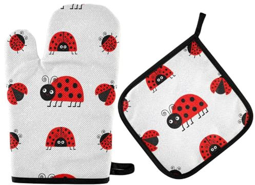 Seven Stars ladybirds Cartoon Cute Red Hot Pads and Oven Mitts Heat Insulated Cooking Gloves Set 2PCS Oven Pad for Kitchen Cooking Baking