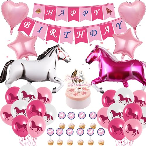Rosa Pferd Geburtstag Dekorationen Mädchen - 49 Stück Rosa Pferd Folien- und Latexballons Happy Birthday Banner Cake Topper Cupcake Toppers, Western Cowgirl Party Supplies für Mädchen