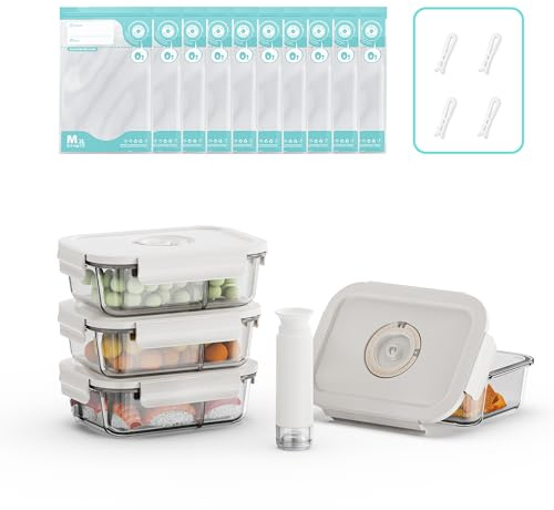 Annalocker Sistema Sottovuoto per Alimenti - 4 Contenitori Vetro + 10 Sacchetti Riclavabili - Contenitori Ermetici per Dispensa e Portavivande - Compatibile Microonde, Forno, Congelatore (S)