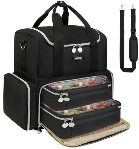 Jaffzora Nail Polish Organizer Case,Large Double Layers Nail Organizers and Storage Bag for Nail Supplies,Nail Art Tech, Black, Holds 80 Bottles, Storage Case