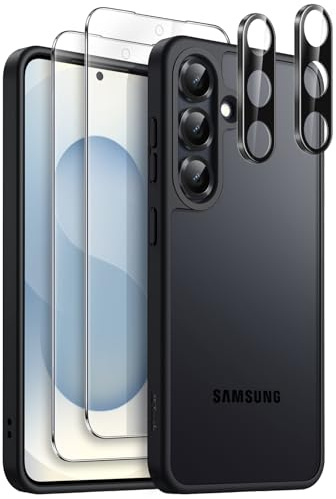 JETech 5 i 1 Matte Skal för Samsung Galaxy S25, Svart | 2 Skärmskydd av Härdat Glas, 2 Kameralinsfolie, Skyddande Mobilfodral med Genomlysande Baksida
