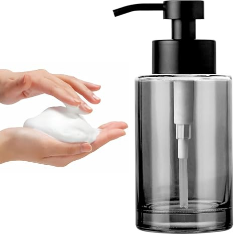 Enra 12oz Schwarzer Schaumseifenspender aus Glas mit Edelstahlpumpe | Dickes schwarzes Glas mit Schaumspenderpumpe, elegantes Design und breite Öffnung zum Nachfüllen von Schaumseife.