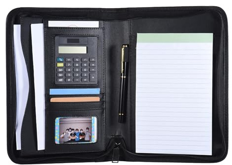 Portafolio de Negocios, Carpeta Tipo Portafolios, Organizador de Bolsa para Documentos A5, Cremallera de Cuero PU con Calculadora, Tarjetero, Bloc de Notas