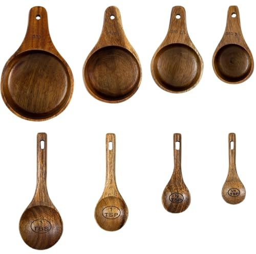 AHQCBWG 8-teiliges Holz-Messbecher- und Löffel-Set, Vintage-Küchenzubehör, niedliche Messbecher zum Kochen, Backen, Trocken- und Flüssigkeitsküchen-Backzubehör