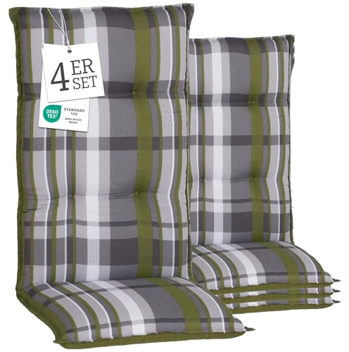 Beo® Hochlehner Gartenstuhl-Auflagen 4er Set | Waschbar, UV-beständig | Atmungsaktive Sitzkissen Outdoor in grün-grau gestreift | Made in EU, Öko-Tex Standard, extra Dicke Polster