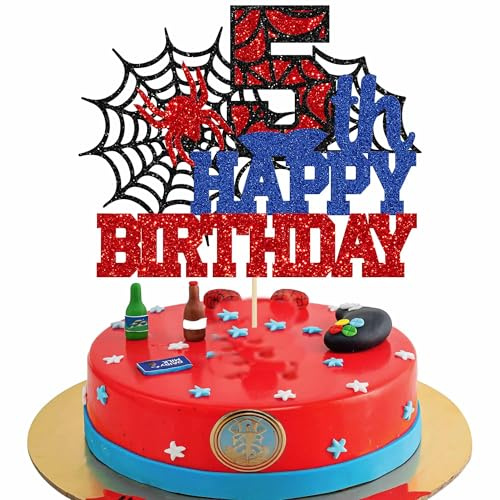 Ephlyn 1Pcs Spider Happy Birthday Cake Topper Spider Fifth Cupcake Topper 5th Birthday Cake Topper Spide Cake Decorations Party Supplies for Boys Girls
