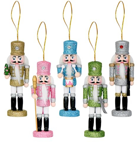 Schiaccianoci – 5 pezzi – Schiaccianoci in legno di noce – personaggi con glitter | Festa di Natale – decorazioni per giochi di bambole per tavolo, desktop, pareti, finestre, , casa, feste
