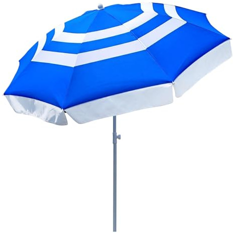 Ombrellone da spiaggia con inclinazione regolabile, 2 m, impermeabile, per campeggio, giardino, bar e patio, design pieghevole con strisce blu e bianche