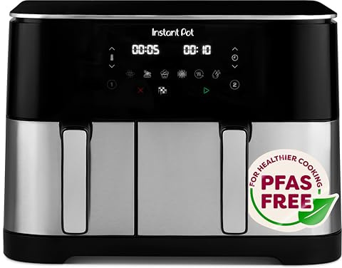 Instant Pot Dual Vortex Air Fryer, PFAS Free, Large 11L, Twin 7L and 4L Baskets, 8-in-1, Dehydrate, Grill, Bake, Roast, Reheat, Non-Stick, Easy Clean, Dishwasher Safe, Stainless Steel