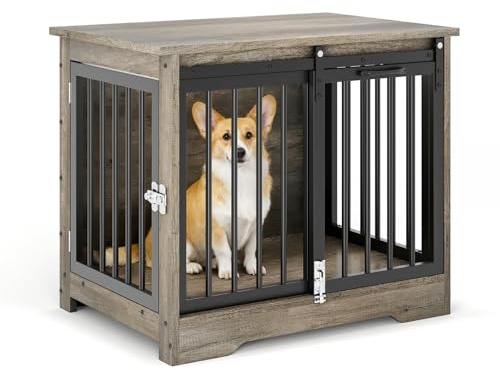 Dog Crate Furniture, 81cm Large Wooden Dog Cage with Barn Door, Anti-Chew Anti-Escape End Side Table Lockable Animal House, Indoor Pet Kennel for Small Medium Dogs 81 x 55 x 68 cm - Grey