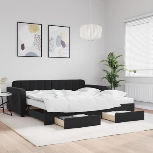 Bucmath Utdragbar dagsäng, med lådor, svart 100 x 200 cm, sammet, bäddsoffa med 2 madrasser, gästsäng, robust möbel för sovrum