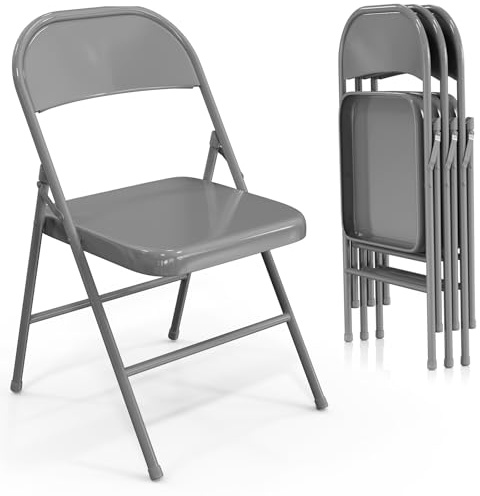Bonnlo Klappstühle 4er Set, Gartenstühle Wetterbeständig aus Eisen, Platzsparend Stapelbar, bis 158 kg, Klappstuhl Metall für Balkon, Büro, Veranstaltungen & Party, Grau
