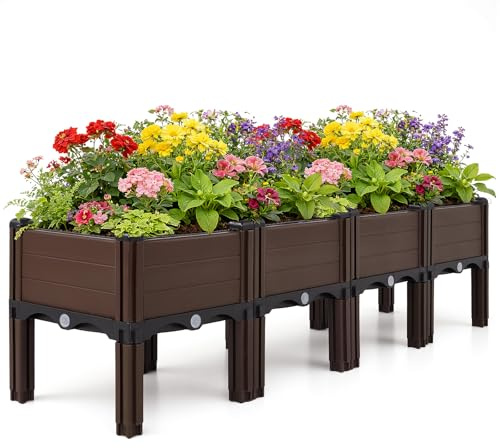 Warmiehomy Raised Garden Kits Self Watering, Outdoor Planters with Drainage Holes, Elevated Plastic Planter Box for Vegetables, Flowers and Herbs, 120x30x33cm, Brown