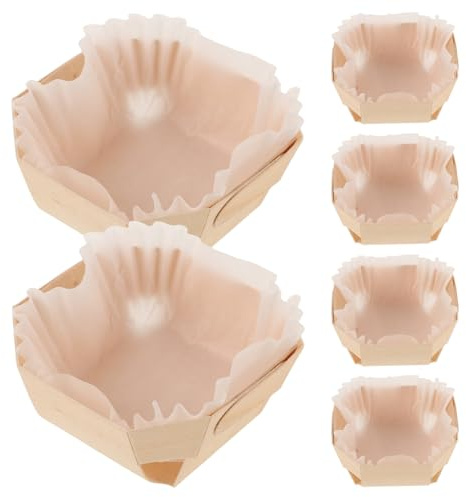 JOINPAYA Boîte Bois 6 Pièces avec Moules à Pâtisserie Papier Blanc et Supports en Bois, Compatibles Four, pour Cuisson Toasts, Gâteaux et Emballage Pâtisserie