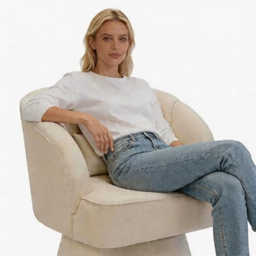 Samt Drehsessel 360° Drehbar, Loungesessel Beige, Rund, Rillensteppung | Weiche Polsterung, Stabiler Metallfuß, Hoher Sitzkomfort, Bodenschonend, Platzsparend, Montageleicht, Cocktailstuhl