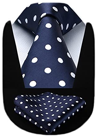 HISDERN Extra Long Polka Dots Tie Handkerchief Men's Necktie & Pocket Square Set, XL, 63 inches length, Navy Blue / White
