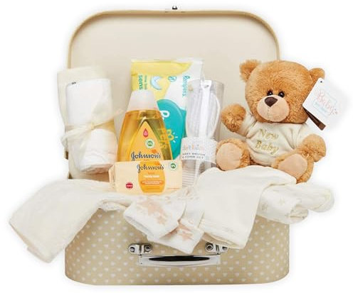 Baby Box Shop Babyparty Geschenk - 12 Baby-Essentials, Baby Geschenkset, Baby Geschenkkorb, Geschenke für eine Babyparty, Neugeborene Geschenkset, Neugeborenen Geschenk, Baby Geschenk Set - Creme
