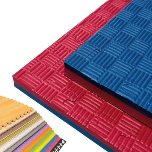 JOWY Tatami Puzzle pour Gymnase, Arts Martiaux, Judo, Karaté, Taekwondo, Yoga, Fitness et Zones d’Étirement | 1x1m | 2 cm d’épaisseur | Finition F | Couleur Rouge/Bleu (4 pièces)