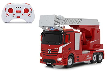 JAMARA 405212 Feuerwehr Drehleiter Mercedes-Benz Antos 1:24 2,4GHz – realistischer Motorsound, Hupe, drehbare/ausfahrbare Leiter, LED Signallichter, Feuerwehrsirene, Fahr- und Rückfahrlicht, rot
