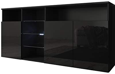 MB Muebles Bonitos | Sideboard Wohnzimmer | Breite 150 x Höhe 70 x Tiefe 35 cm | Modern | Farbe Schwarz mit Hochglanz Finish | 3 Türen | LED | Wohnzimmer TV Schrank | Modell Clark L