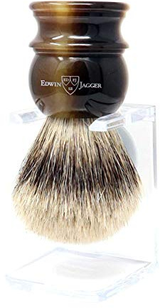 Edwin Jagger Extra Large English Shaving Silver TIp Badger Brush & Stand (Imitation Horn)