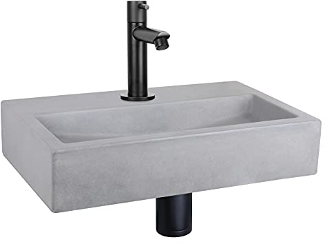 Differnz Flat Waschbecken-Set 38x24x7 cm – Beton-Waschbecken Hellgrau Mit Armatur – Gerade Kaltwasserarmatur Mattschwarz – Mit Siphon & Ablauf – Gäste-WC Waschbecken – Rechteckig