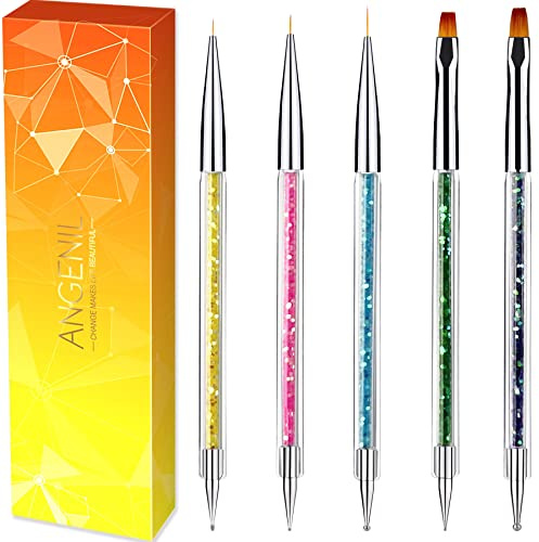 ANGENIL 5Pcs Acrylic Thin Nail Art Brush Set, Manicure Drill Drawing Nails Art Pen, Double Ended Nail Dotting Tools Set, Nail Dotting Painting Drawing Pens Fine Nail Art Brush