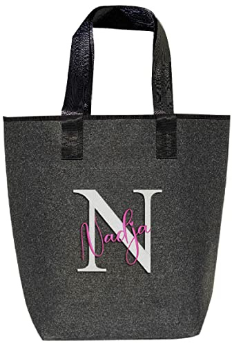 AMBERGER DESIGN by A&M Osterhage amd Filztasche Damen bestickt – Motiv: Name & Initial mit Herz | Personalisierbar | City-Shopper inkl. Schlüsselfach Reißverschluss Größe 44x26cm | Umhängetasche